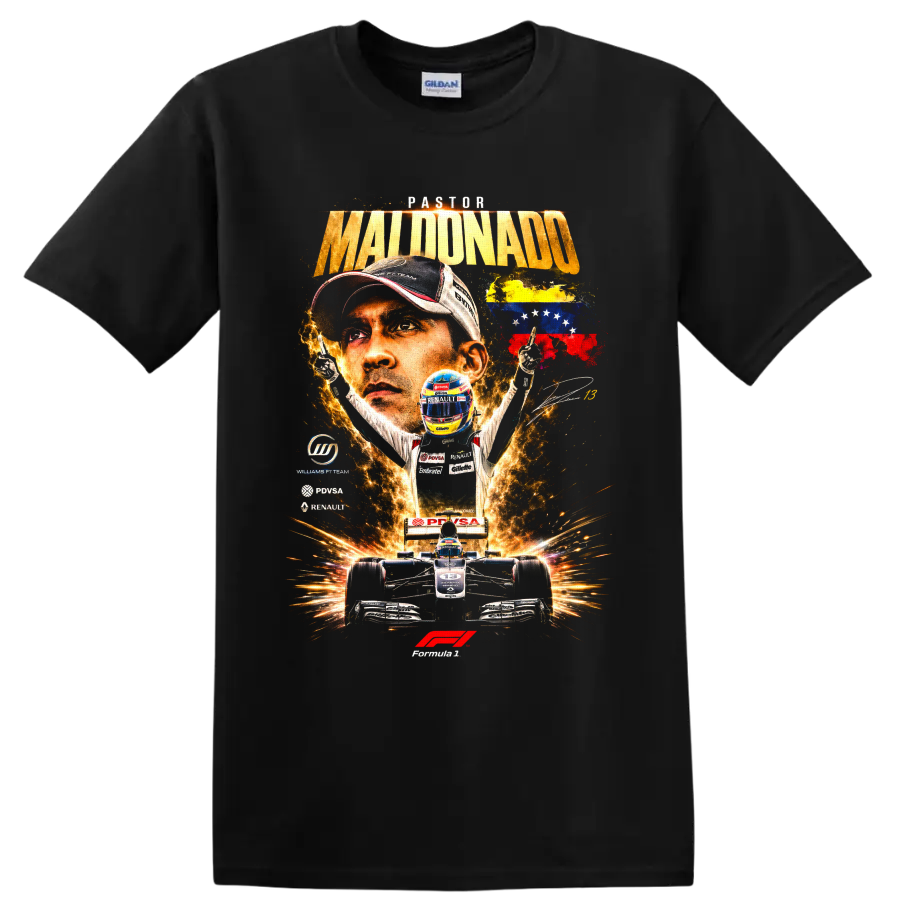 Pastor Maldonado Formula 1 portrait with Williams Renault car and Venezuelan flag artwork on a Black T Shirt