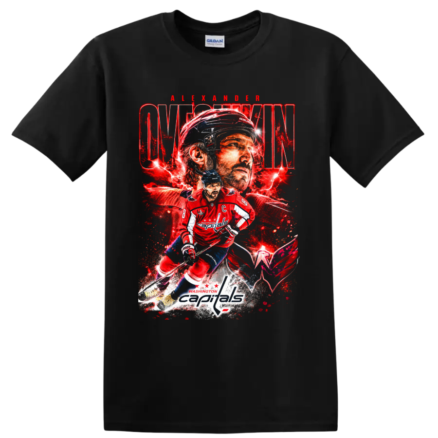 Alexander Ovechkin Washington Capitals red lightning hockey collage graphic on a Black T Shirt