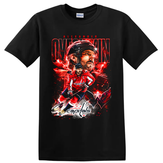 Alexander Ovechkin Washington Capitals red lightning hockey collage graphic on a Black T Shirt