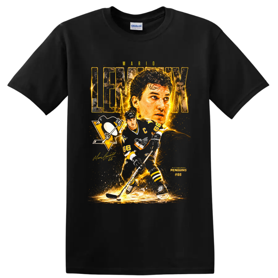 Mario Lemieux Pittsburgh Penguins No. 66 gold hockey collage graphic on a Black T Shirt