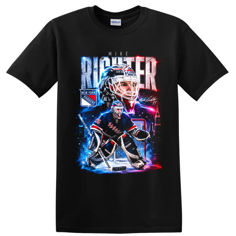 Mike Richter New York Rangers goalie collage with bold city skyline and hockey graphics on a Black T Shirt