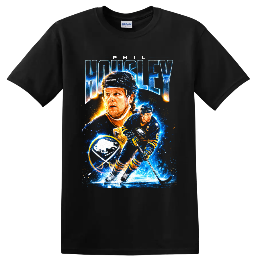 Phil Housley Buffalo Sabres hockey collage with bold name text and number 6 on a Black T Shirt