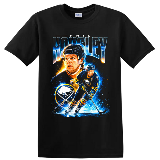 Phil Housley Buffalo Sabres hockey collage with bold name text and number 6 on a Black T Shirt