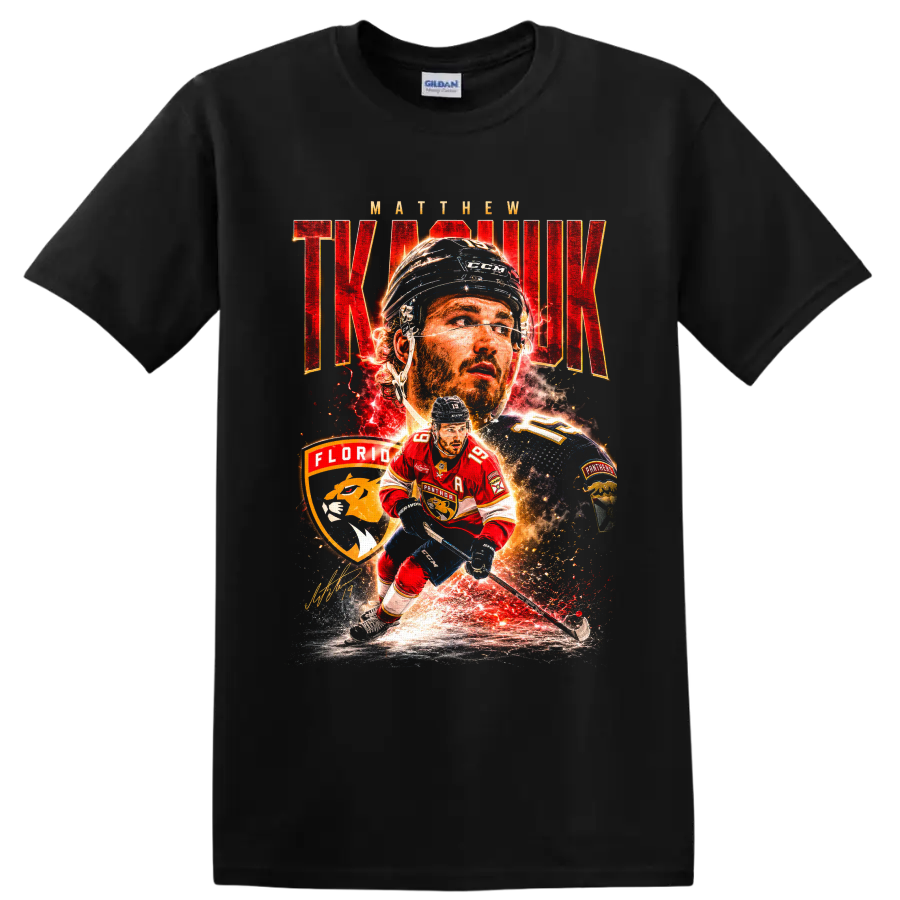 Matthew Tkachuk Florida Panthers hockey collage with bold red lettering and fiery effects on a Black T Shirt