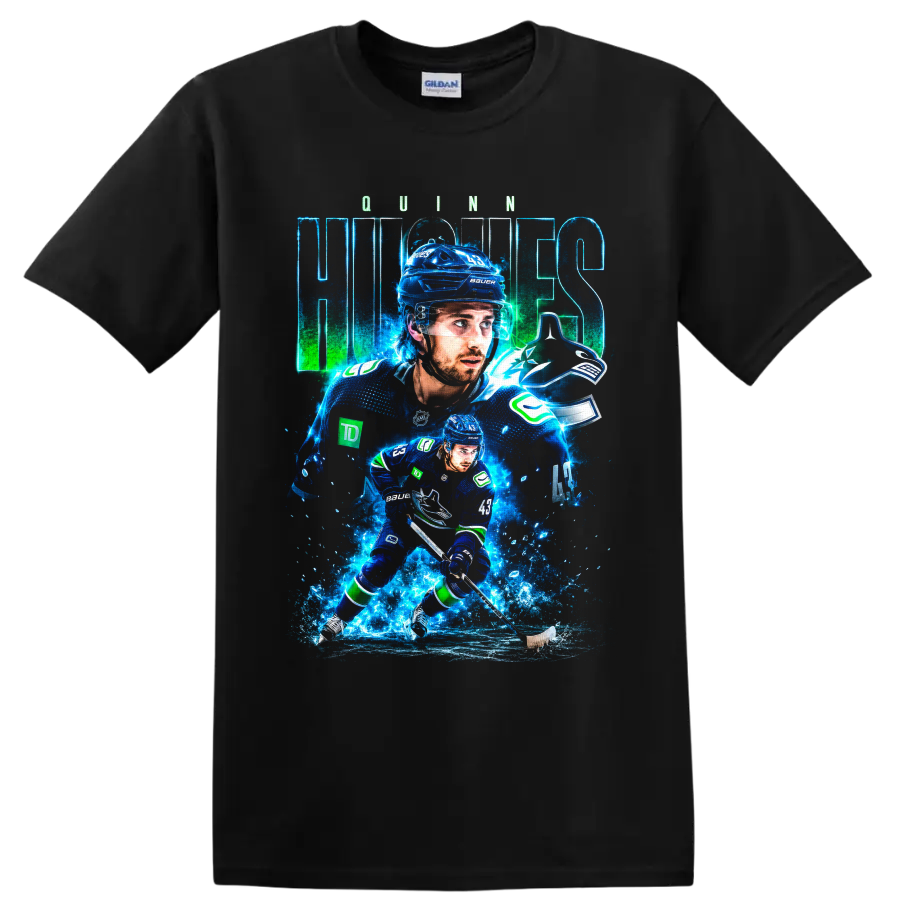 Quinn Hughes Vancouver Canucks hockey player collage with electric blue ice effects on a Black T Shirt