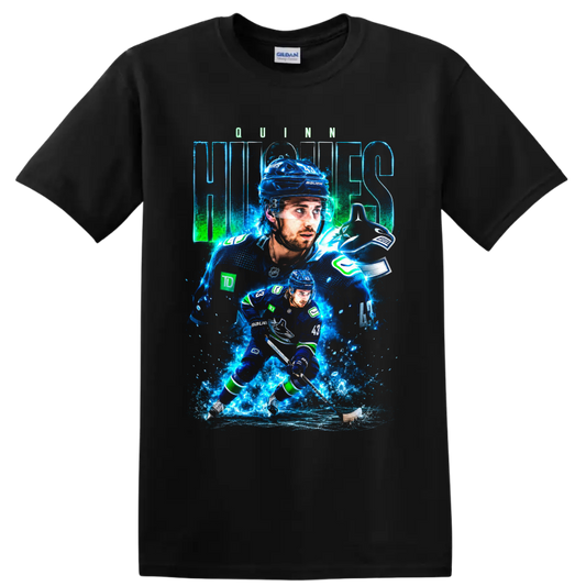 Quinn Hughes Vancouver Canucks hockey player collage with electric blue ice effects on a Black T Shirt