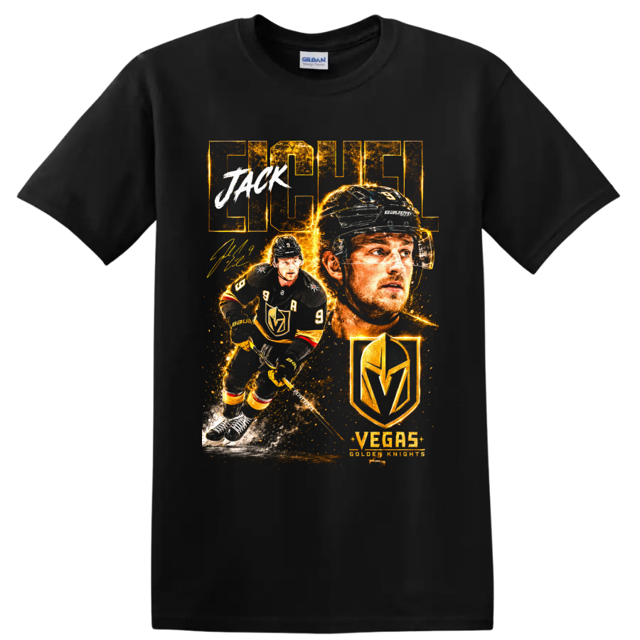 Jack Eichel Vegas Golden Knights fiery gold hockey portrait and action graphic on a Black T Shirt