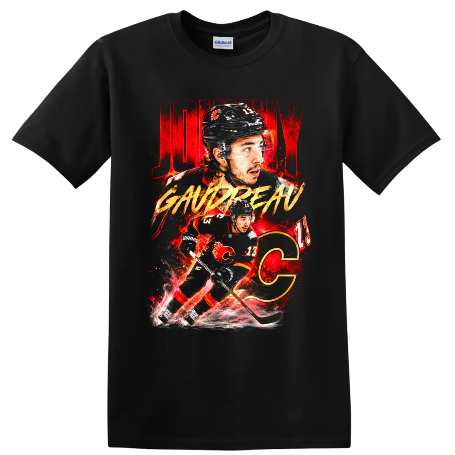 Johnny Gaudreau Calgary Flames hockey player portrait and skating action graphic on a Black T Shirt