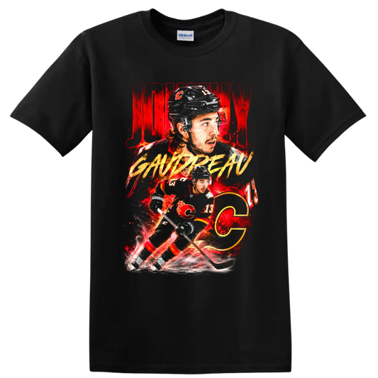 Johnny Gaudreau Calgary Flames hockey player portrait and skating action graphic on a Black T Shirt