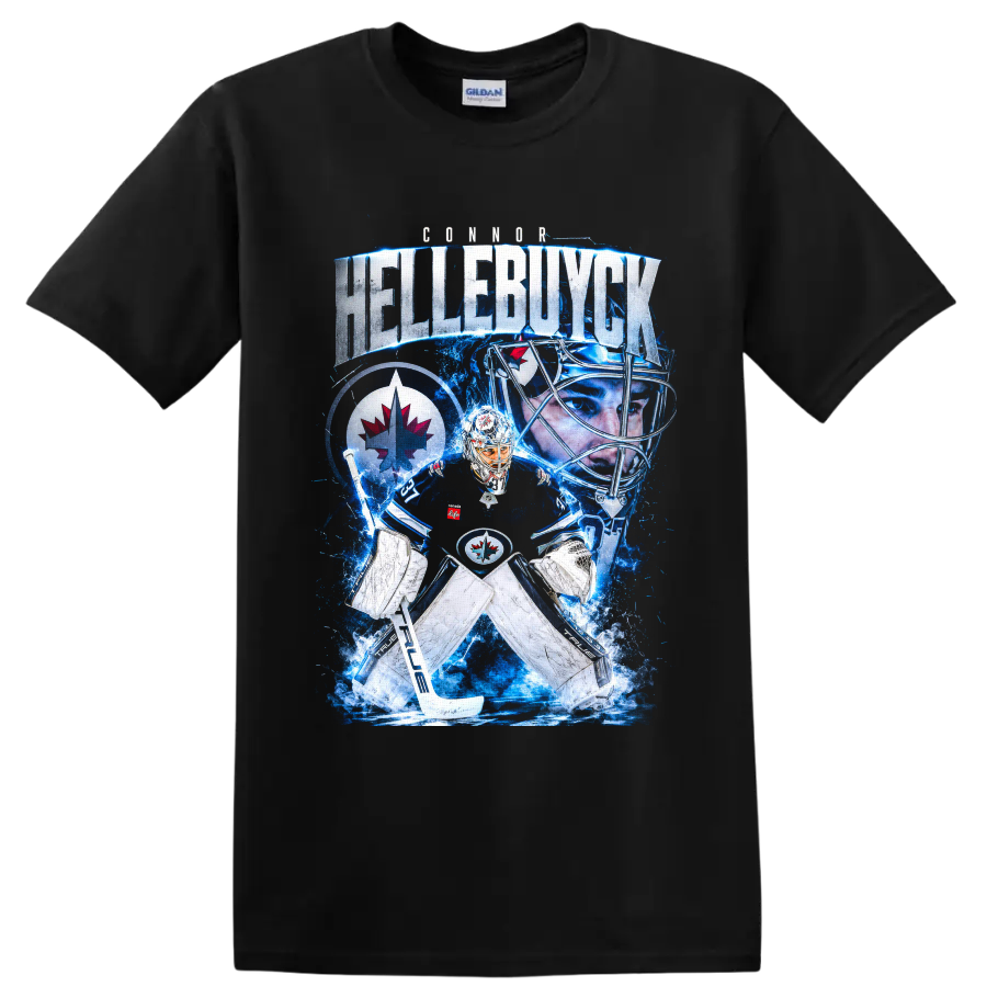 Connor Hellebuyck Winnipeg Jets goaltender blue ice collage graphic on a Black T Shirt