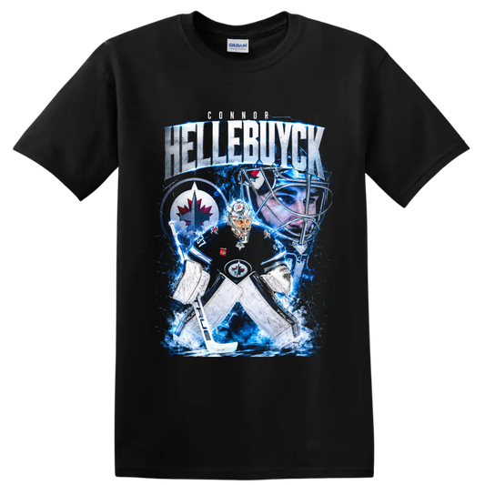 Connor Hellebuyck Winnipeg Jets goaltender blue ice collage graphic on a Black T Shirt