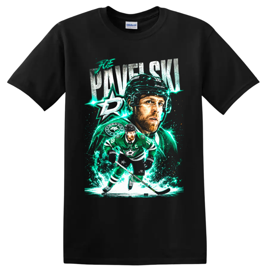 Joe Pavelski Dallas Stars hockey portrait and skating graphic with electric ice effects on a Black T Shirt