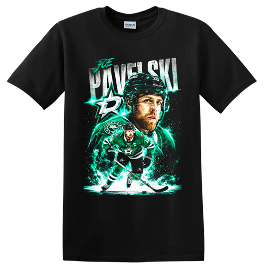 Joe Pavelski Dallas Stars hockey portrait and skating graphic with electric ice effects on a Black T Shirt