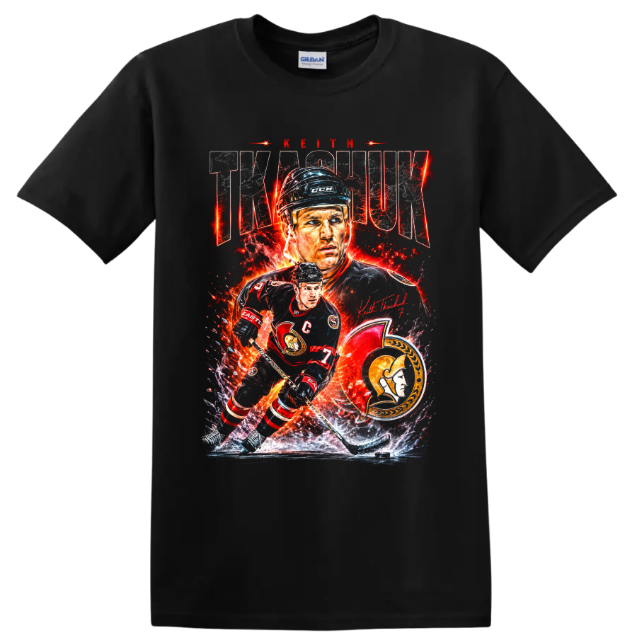 Keith Tkachuk Ottawa Senators hockey portrait and fiery action collage with number 7 on a Black T Shirt
