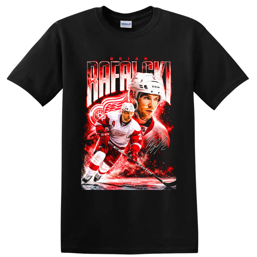Brian Rafalski Detroit Red Wings action collage with BRIAN RAFALSKI text and signature on a Black T Shirt