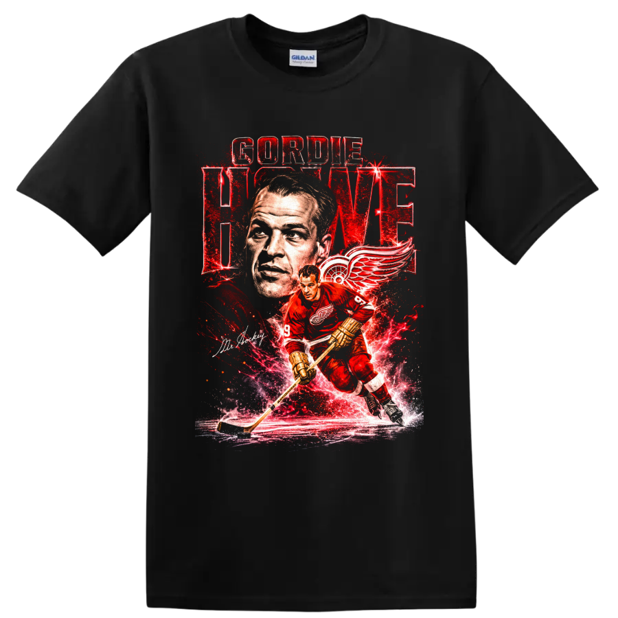 Gordie Howe Detroit Red Wings vintage hockey portrait and action graphic with Mr Hockey on a Black T Shirt