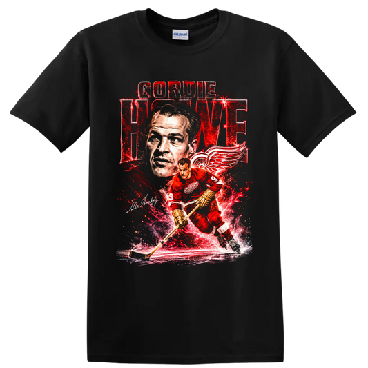 Gordie Howe Detroit Red Wings vintage hockey portrait and action graphic with Mr Hockey on a Black T Shirt