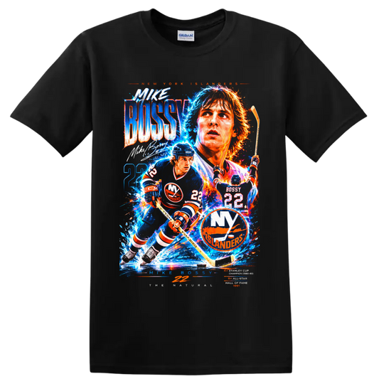 Mike Bossy New York Islanders electric hockey collage with number 22 on a Black T Shirt