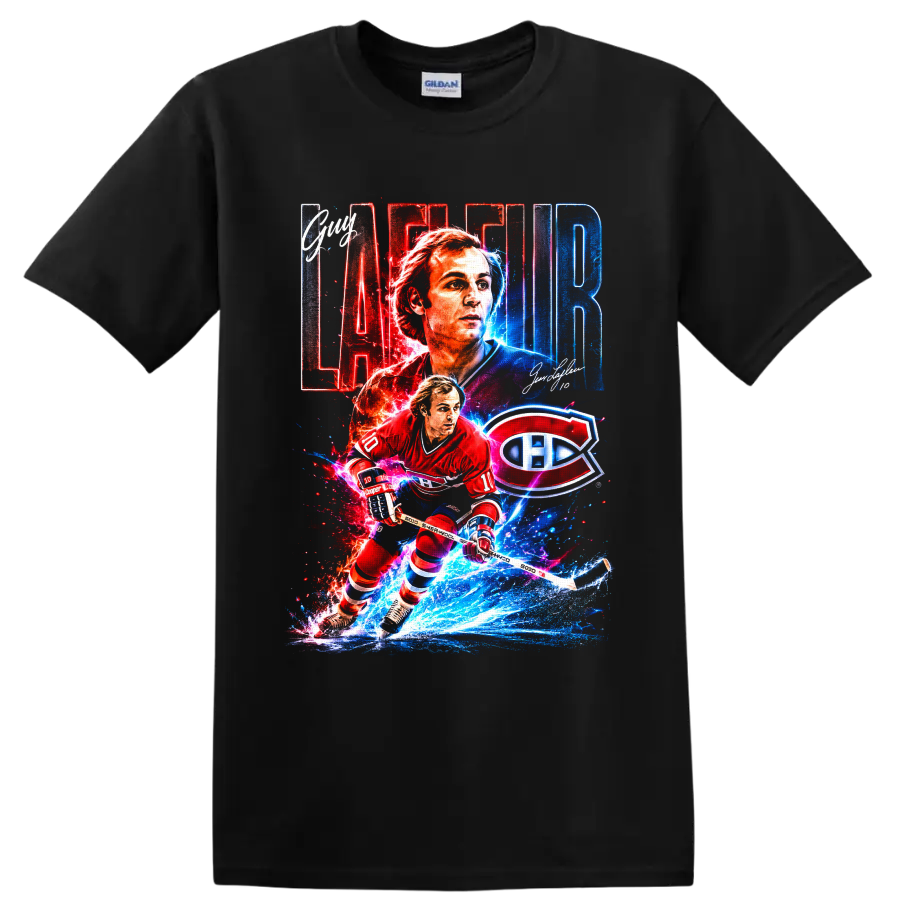 Guy Lafleur Montreal Canadiens hockey collage with number 10 and team logo on a Black T Shirt