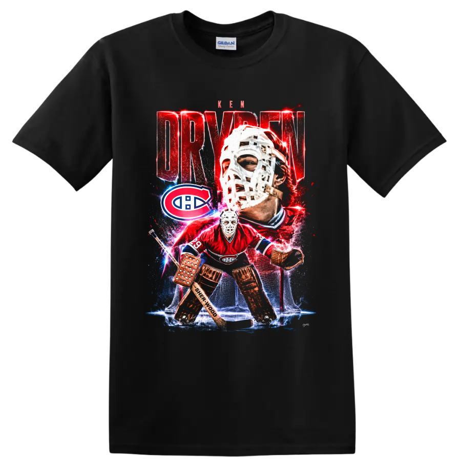Ken Dryden Montreal Canadiens goalie collage with mask, net, and bold red lettering on a Black T Shirt