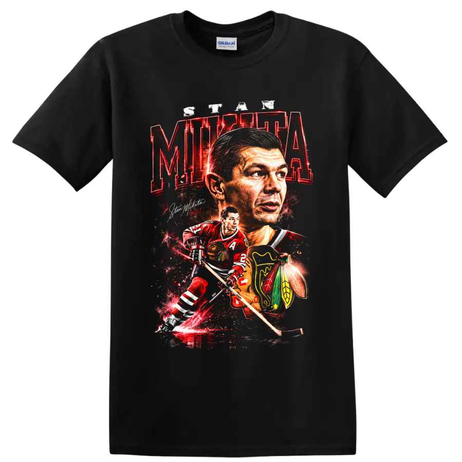 Stan Mikita #21 Chicago Blackhawks hockey portrait and action graphic print on a Black T Shirt