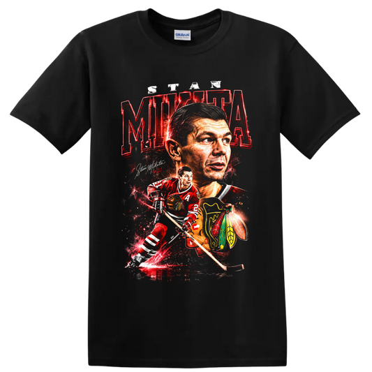 Stan Mikita #21 Chicago Blackhawks hockey portrait and action graphic print on a Black T Shirt