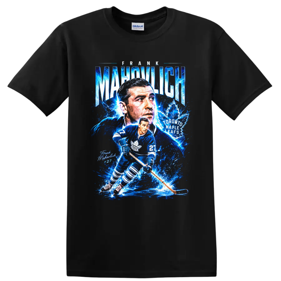 Frank Mahovlich Toronto Maple Leafs number 27 electric blue hockey collage graphic on a Black T Shirt