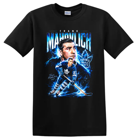 Frank Mahovlich Toronto Maple Leafs number 27 electric blue hockey collage graphic on a Black T Shirt
