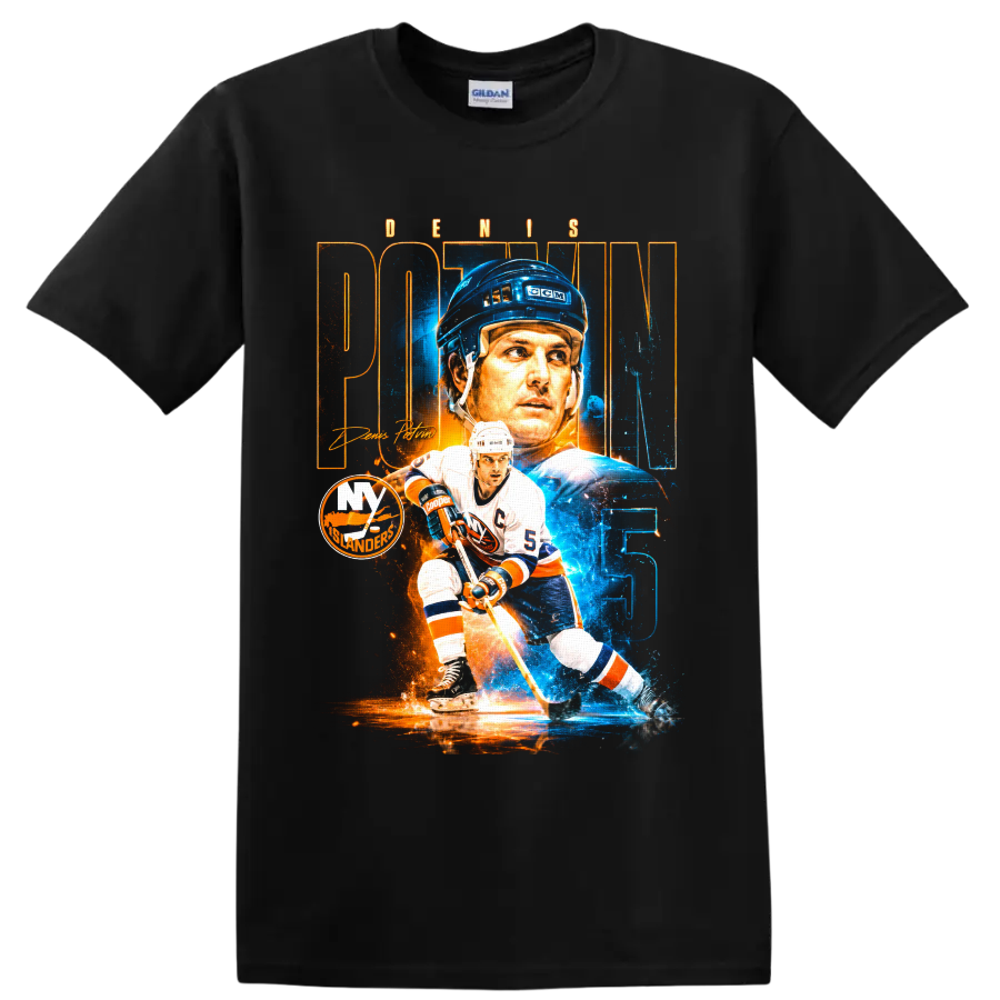 Denis Potvin New York Islanders number 5 hockey portrait and skating graphic print on a Black T Shirt