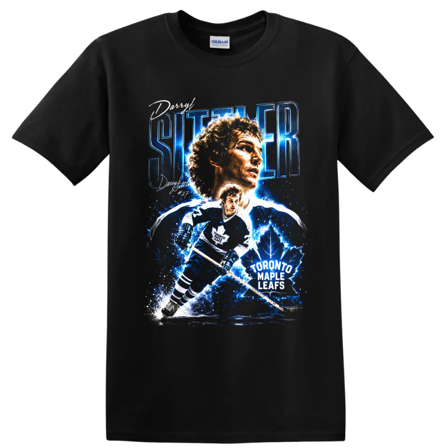 Darryl Sittler Toronto Maple Leafs hockey portrait and action graphic with number 27 on a Black T Shirt