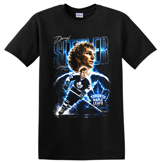 Darryl Sittler Toronto Maple Leafs hockey portrait and action graphic with number 27 on a Black T Shirt