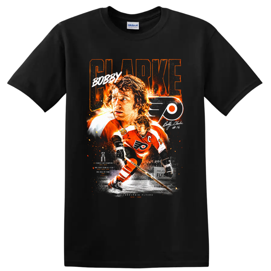 Bobby Clarke Philadelphia Flyers No. 16 vintage hockey tribute graphic on a Black T Shirt