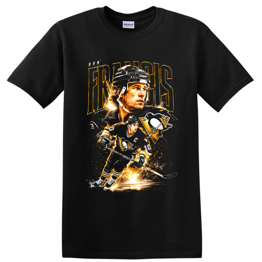 Ron Francis Pittsburgh Penguins hockey portrait and action graphic with gold lightning on a Black T Shirt