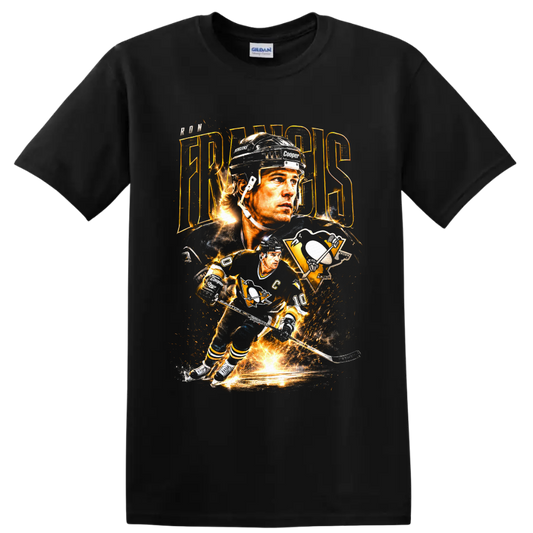 Ron Francis Pittsburgh Penguins hockey portrait and action graphic with gold lightning on a Black T Shirt