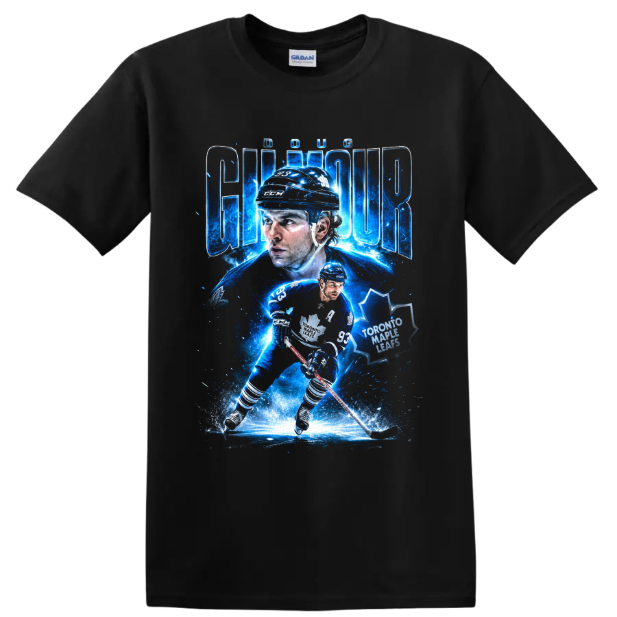 Doug Gilmour Toronto Maple Leafs hockey collage with electric blue action art on a Black T Shirt
