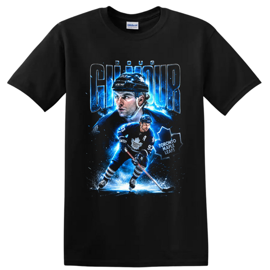 Doug Gilmour Toronto Maple Leafs hockey collage with electric blue action art on a Black T Shirt
