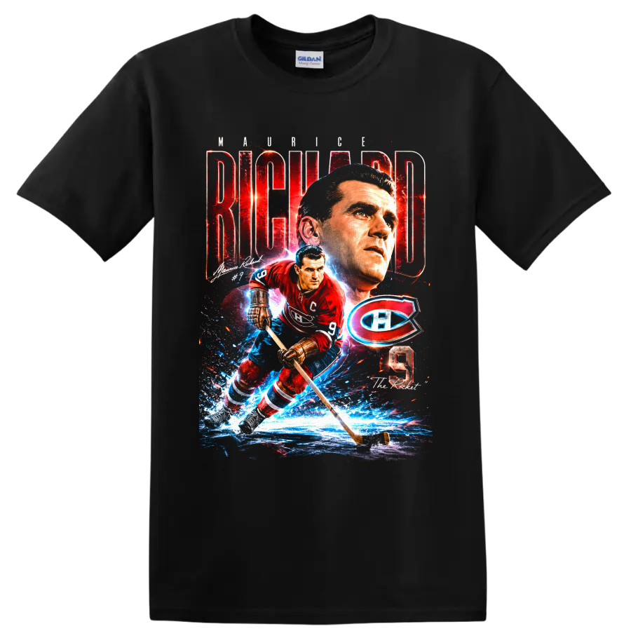 Maurice Richard No. 9 Montreal Canadiens hockey action tribute graphic on a Black T Shirt