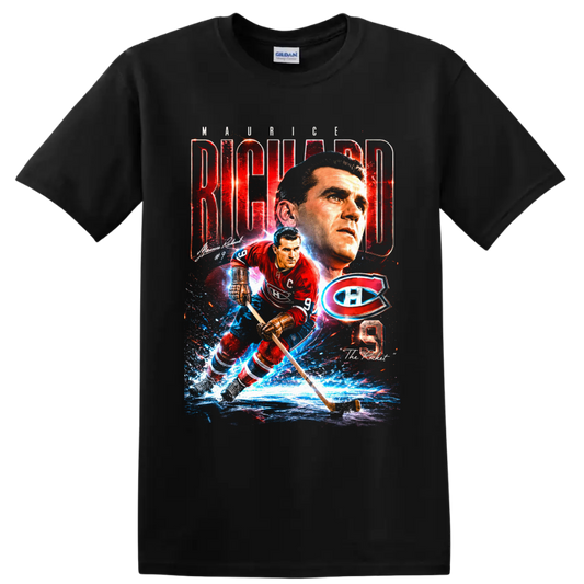 Maurice Richard No. 9 Montreal Canadiens hockey action tribute graphic on a Black T Shirt