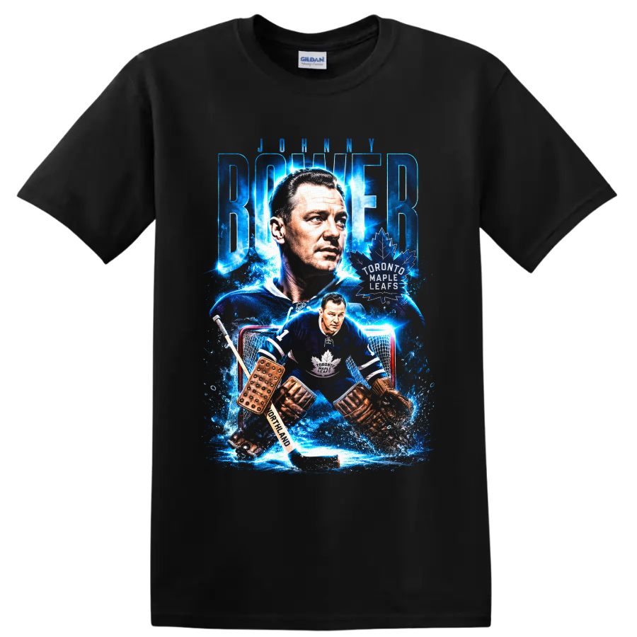 Johnny Bower Toronto Maple Leafs goalie portrait and vintage hockey action graphic on a Black T Shirt