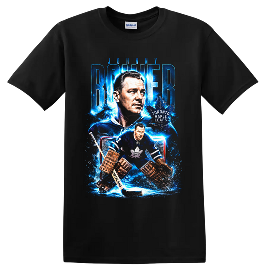 Johnny Bower Toronto Maple Leafs goalie portrait and vintage hockey action graphic on a Black T Shirt