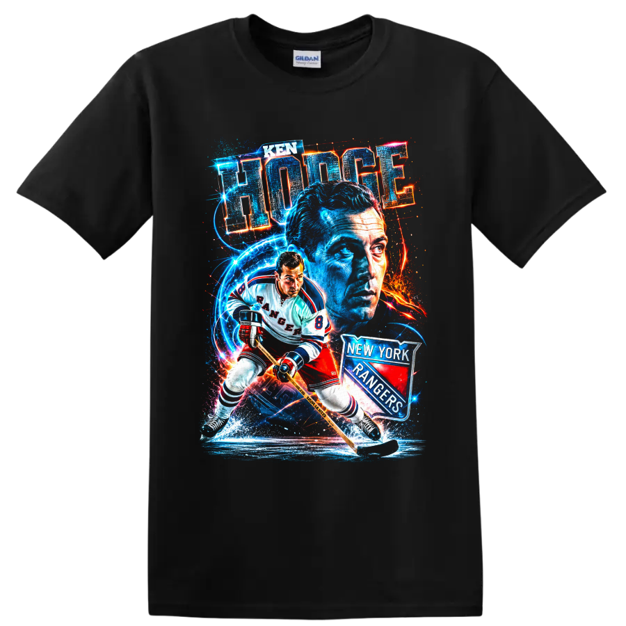 Ken Hodge New York Rangers number 8 hockey action and portrait graphic on a Black T Shirt