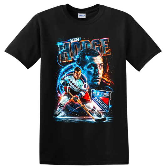 Ken Hodge New York Rangers number 8 hockey action and portrait graphic on a Black T Shirt