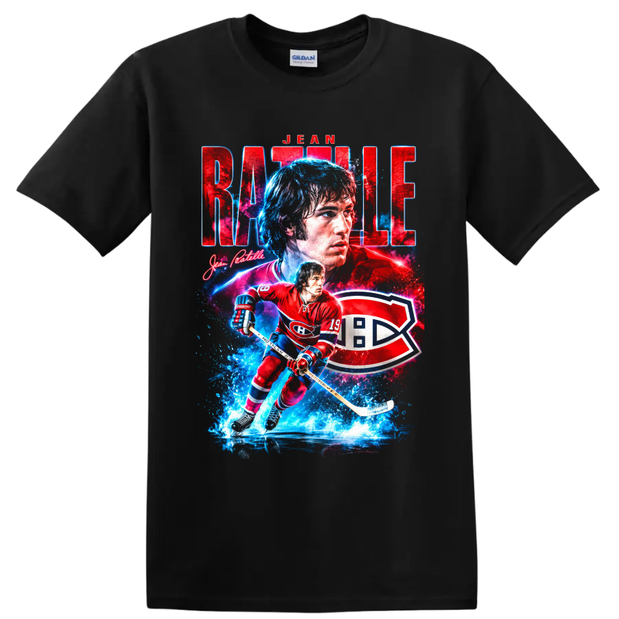 Jean Ratelle Montreal hockey portrait and skating player graphic with bold team-style on a Black T Shirt