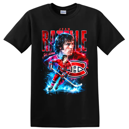 Jean Ratelle Montreal hockey portrait and skating player graphic with bold team-style on a Black T Shirt