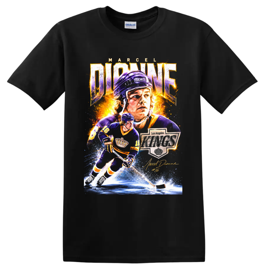 Marcel Dionne Los Angeles Kings hockey collage with number 16 and signature on a Black T Shirt