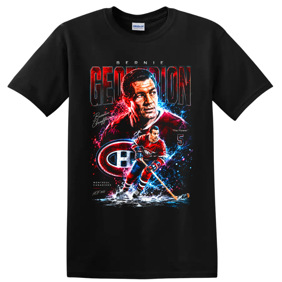 Bernie Geoffrion Montreal Canadiens retro portrait and No. 5 hockey action graphic on a Black T Shirt
