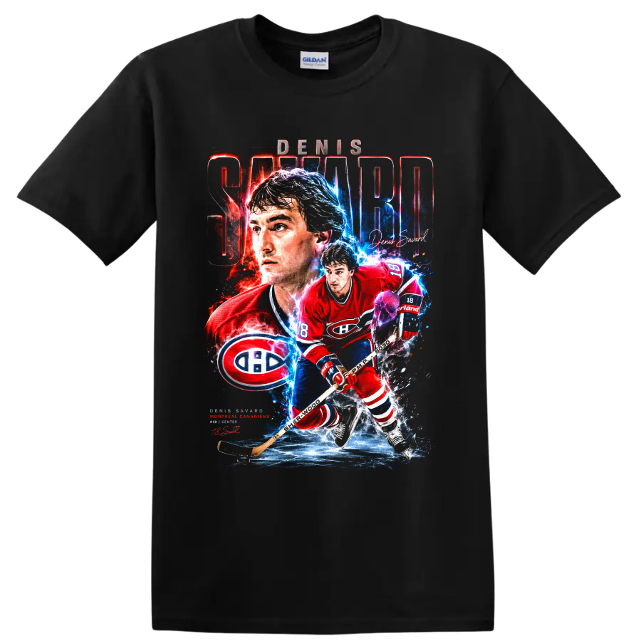Denis Savard Montreal Canadiens hockey collage graphic with bold name lettering on a Black T Shirt