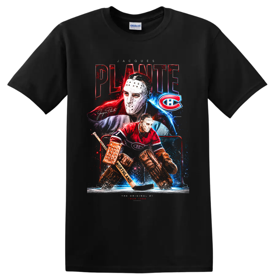 Jacques Plante Montreal Canadiens masked goalie in retro red and blue hockey collage on a Black T Shirt