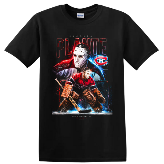 Jacques Plante Montreal Canadiens masked goalie in retro red and blue hockey collage on a Black T Shirt