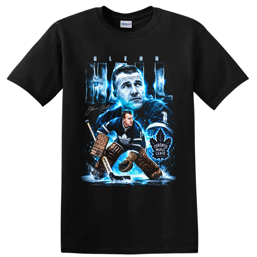 Glenn Hall Toronto Maple Leafs goalie graphic with icy blue vintage hockey artwork on a Black T Shirt